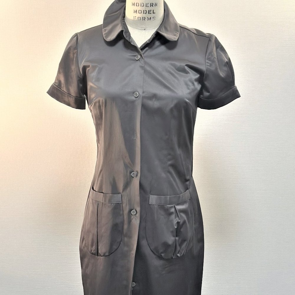 CHARCOAL COTTON SATEEN FITTED SHIRT DRESS WITH PETER PAN COLLAR